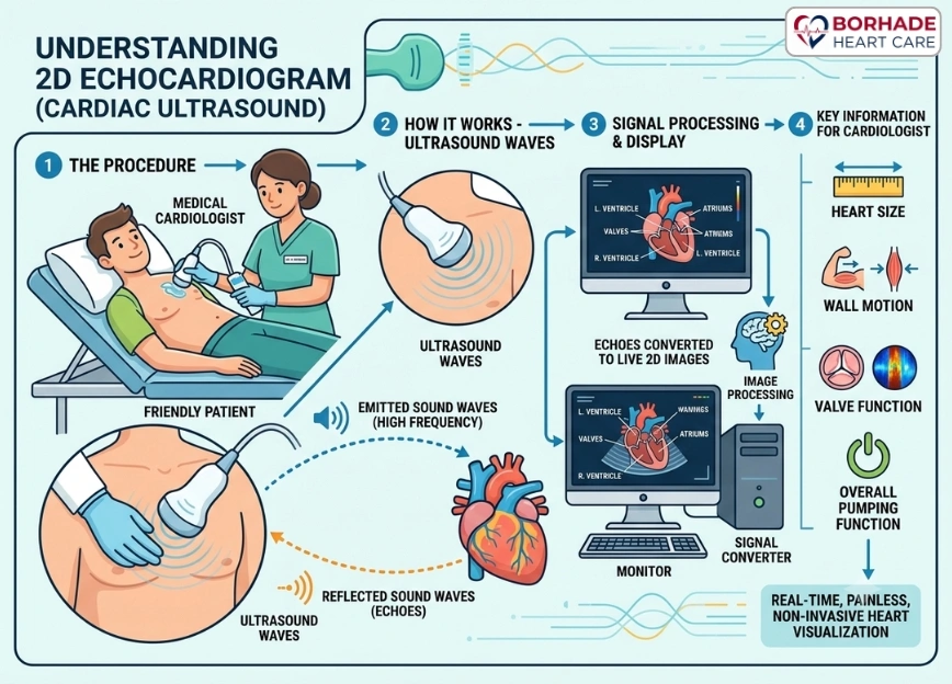 AI Generated Infographic reviewed by Dr. Ajinkya Borhade explaining how 2D echo test works.
