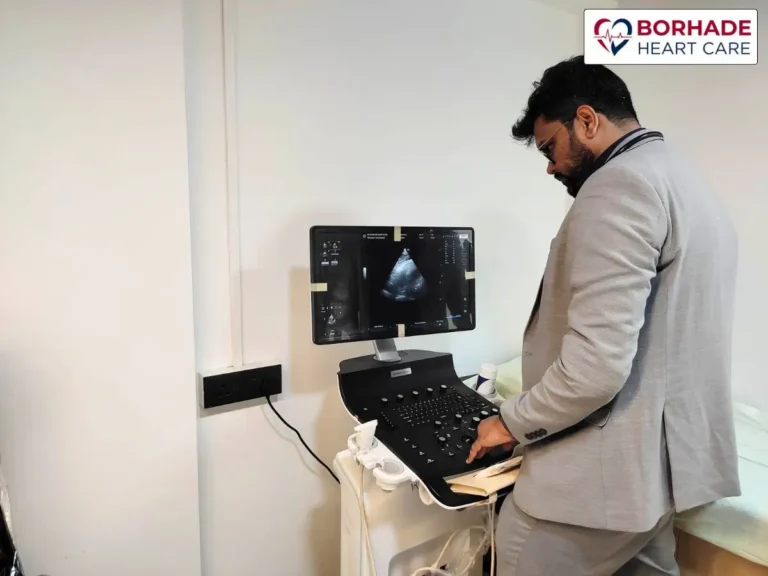 Dr. Ajinkya Borhade conducting a live 2D Echo test at Borhade Heart Care Center in Pimpri Chinchwad.