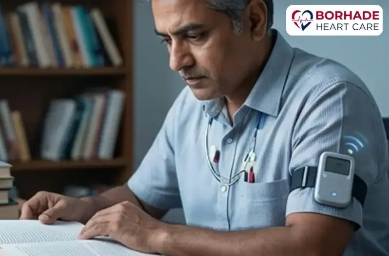 Holter device attached on hand.