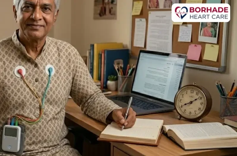 Old man with holter device attached working on his desk.