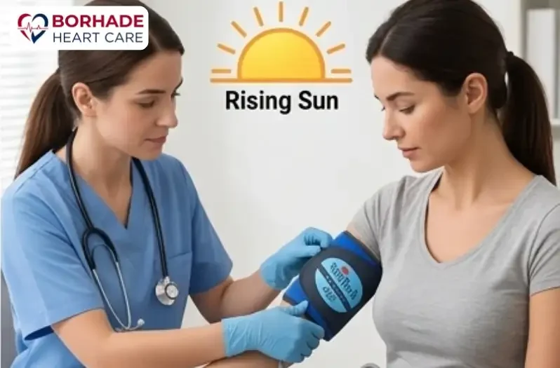 Nurse helping women wear ABPM device.