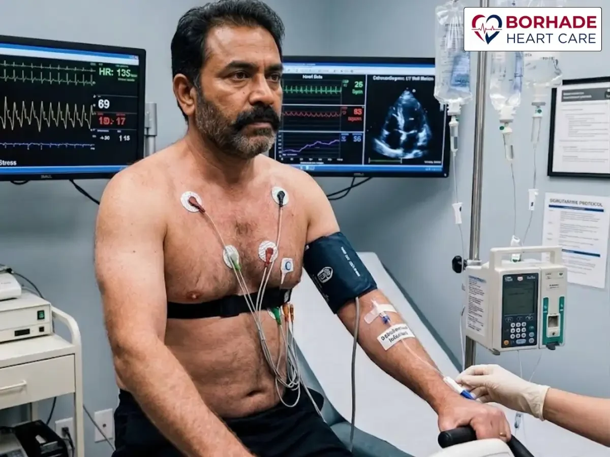 Man with dobutamine injection performing stress test.