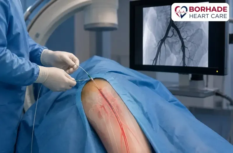 Cardiologist inserting catheter in femoral area.