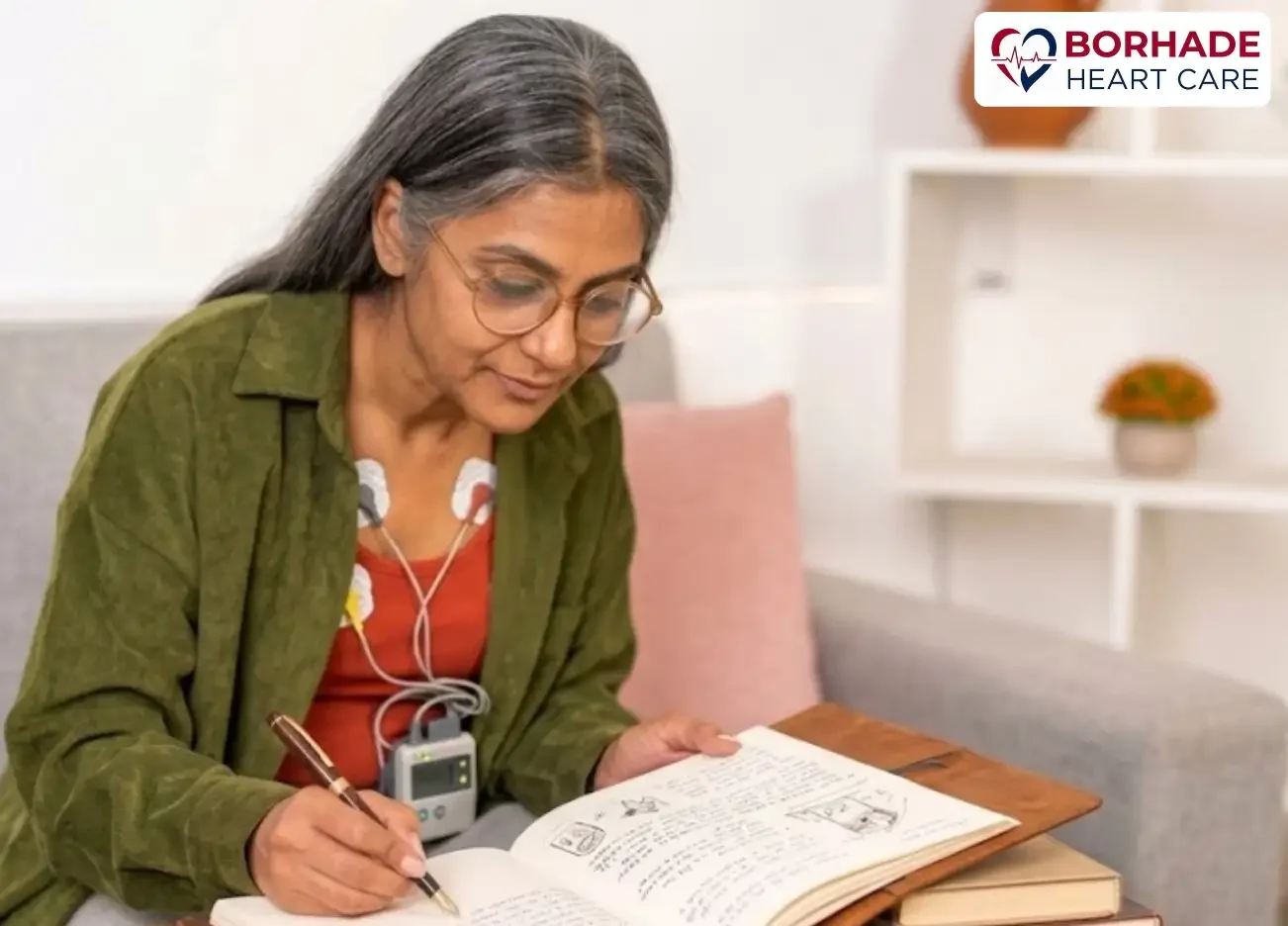 Women wearing portable ECG monitoring device while writing in book.