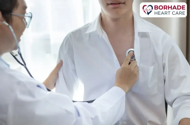 Heart doctor checking heart beats using stethoscope.