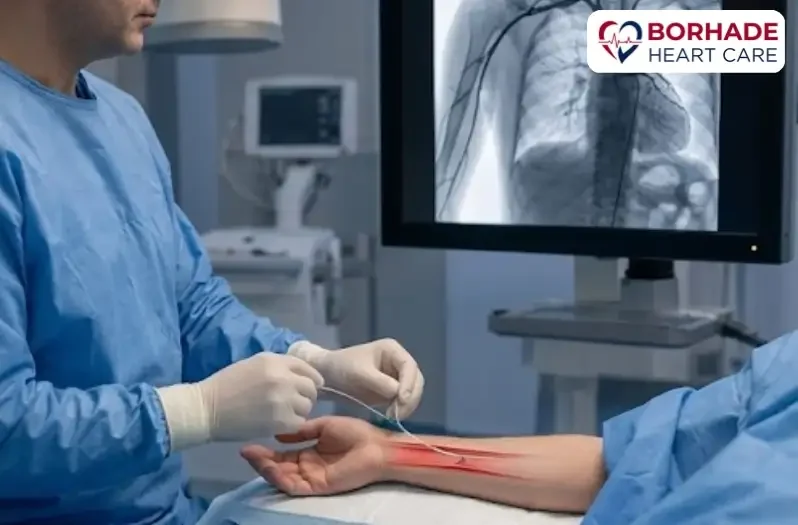 Catheter being inserted from radial arteries.