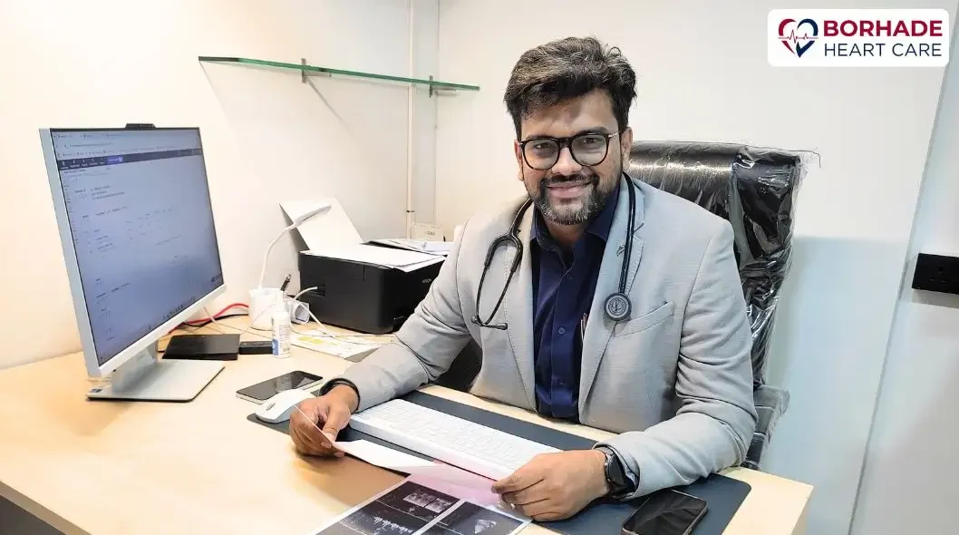 Dr. Ajinkya Borhade in his consultation room at Borhade Heart Care, Ravet.