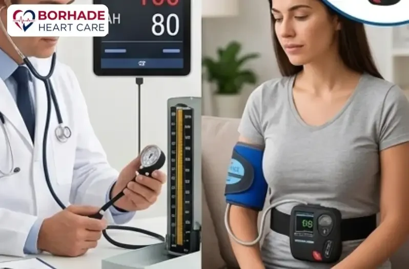 Doctor measuring women's blood pressure.