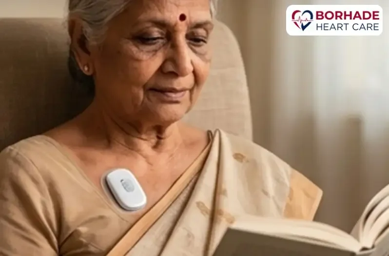 Old women with wireless holter monitor device on her chest reading a book.